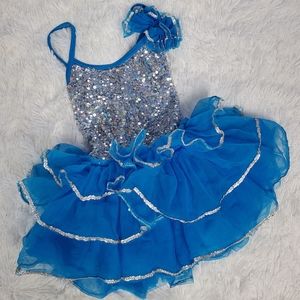 BALLERINA/ RHINESTONE COWGIRL BLUE & SILVER SEQUIN LAYERED RUFFLE RECITAL DRESS!